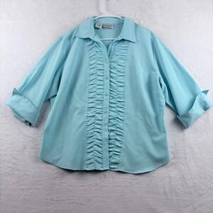 Cathy Che Blouse Light Blue Ruffle Front Button Up Size 18‎